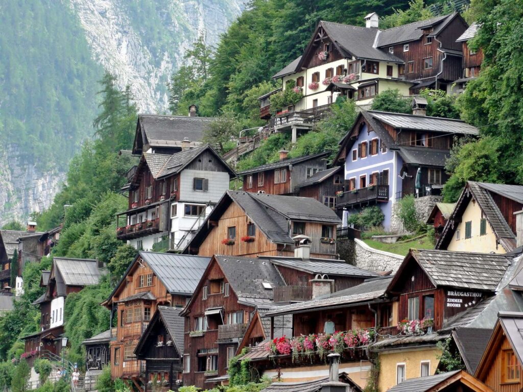 Traditional hillside houses in Hallstatt above Lake Hallstatt, Austria