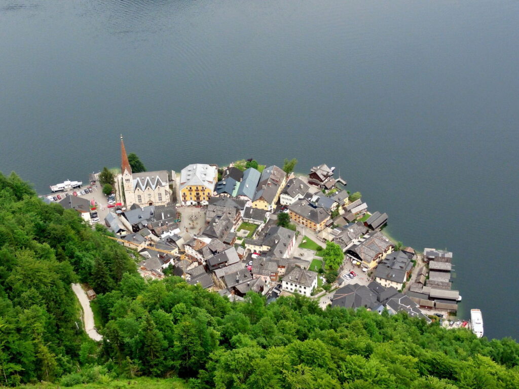 Aerial view of Hallstatt village on Lake Hallstatt in Austria
