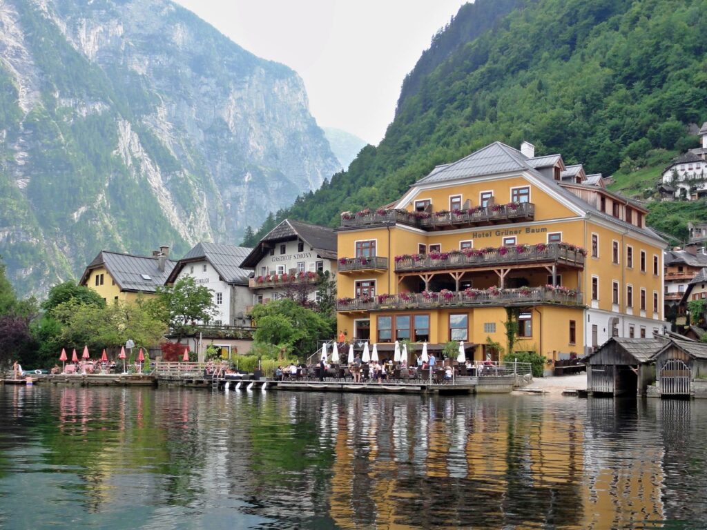 Lakeside hotel and waterfront terrace in Hallstatt, Austria