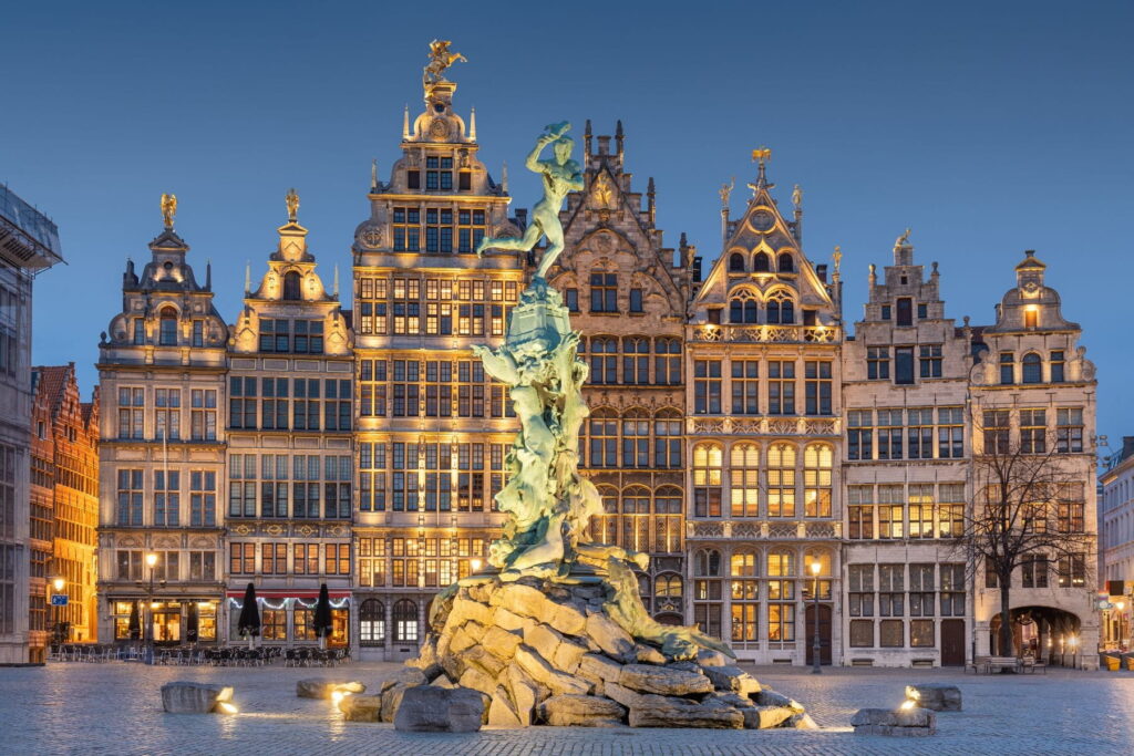 Brabo Fountain and historic guild houses on Grote Markt in Antwerp, Belgium