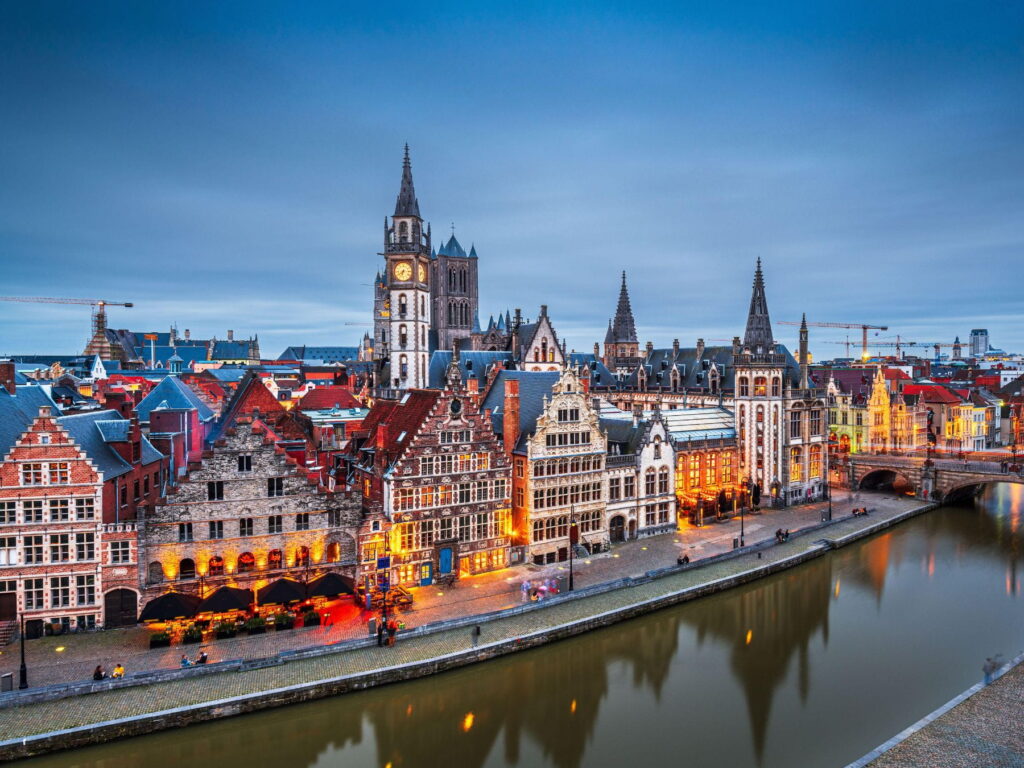 Evening view of Ghent canals and historic guild houses in Belgium