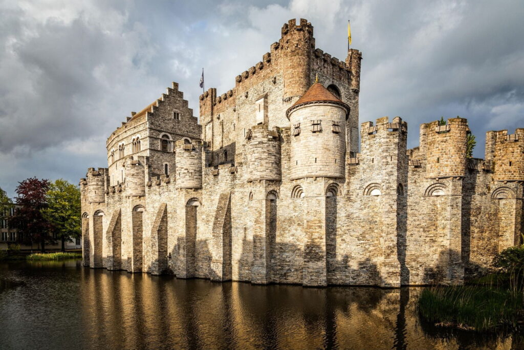 Gravensteen Castle surrounded by a moat in Ghent, Belgium