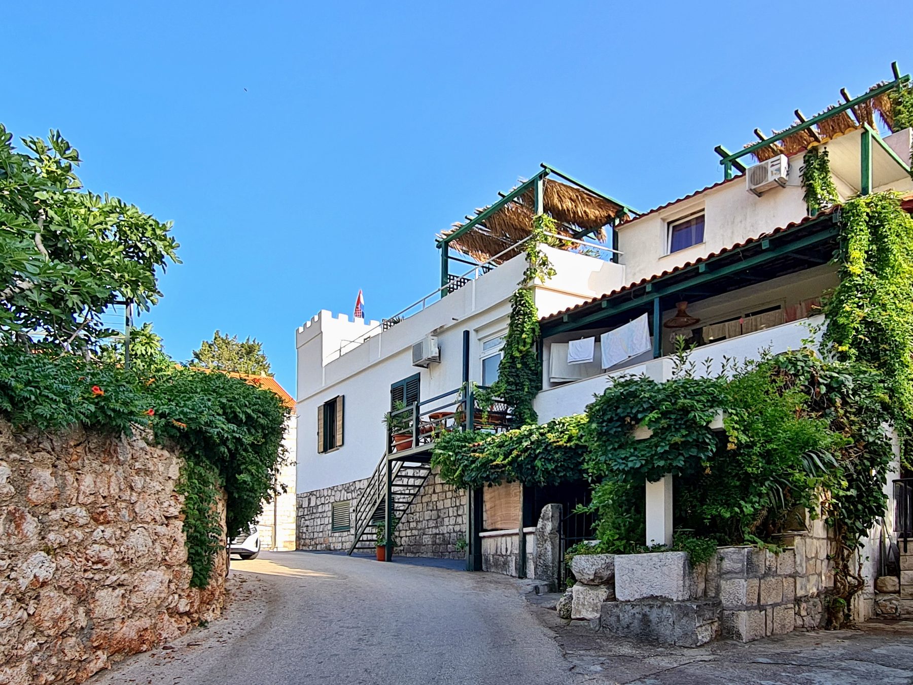 Narrow winding street with stone houses and greenery in Gradac, Split-Dalmatia County, Croatia