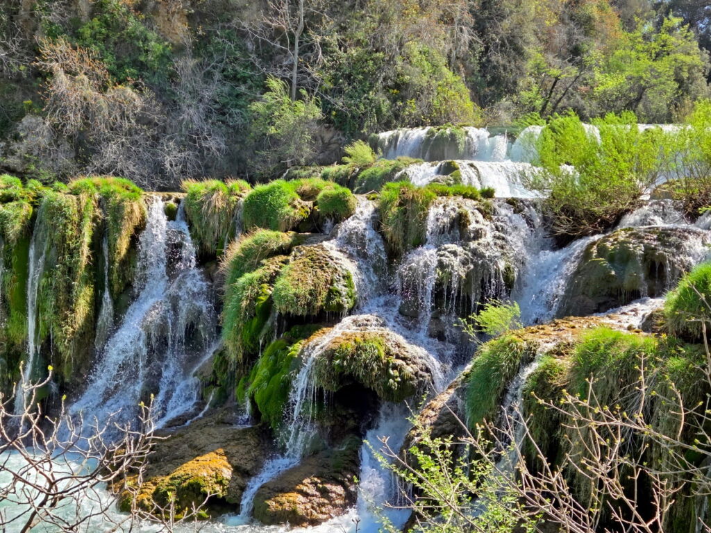 Waterfalls and moss-covered rocks in Krka National Park, Croatia
