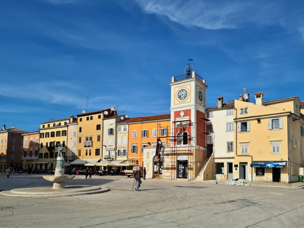 Historic square and clock tower in Rovinj old town, Croatia