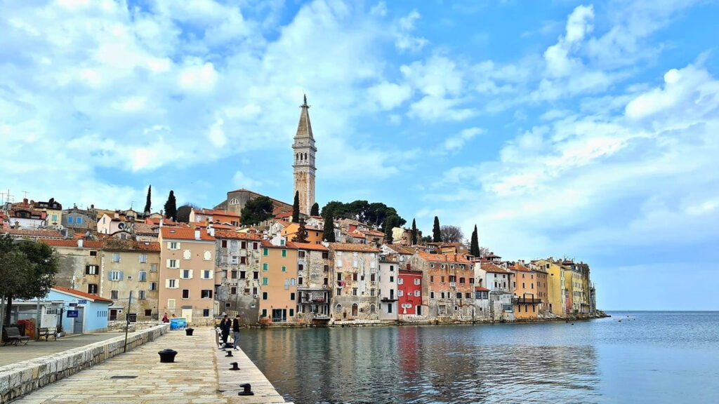 Waterfront view of Rovinj old town and St. Euphemia Church in Croatia