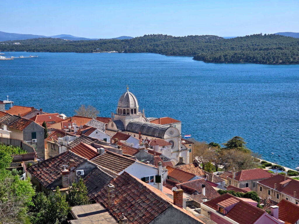 View of Šibenik rooftops and Adriatic Sea in Croatia