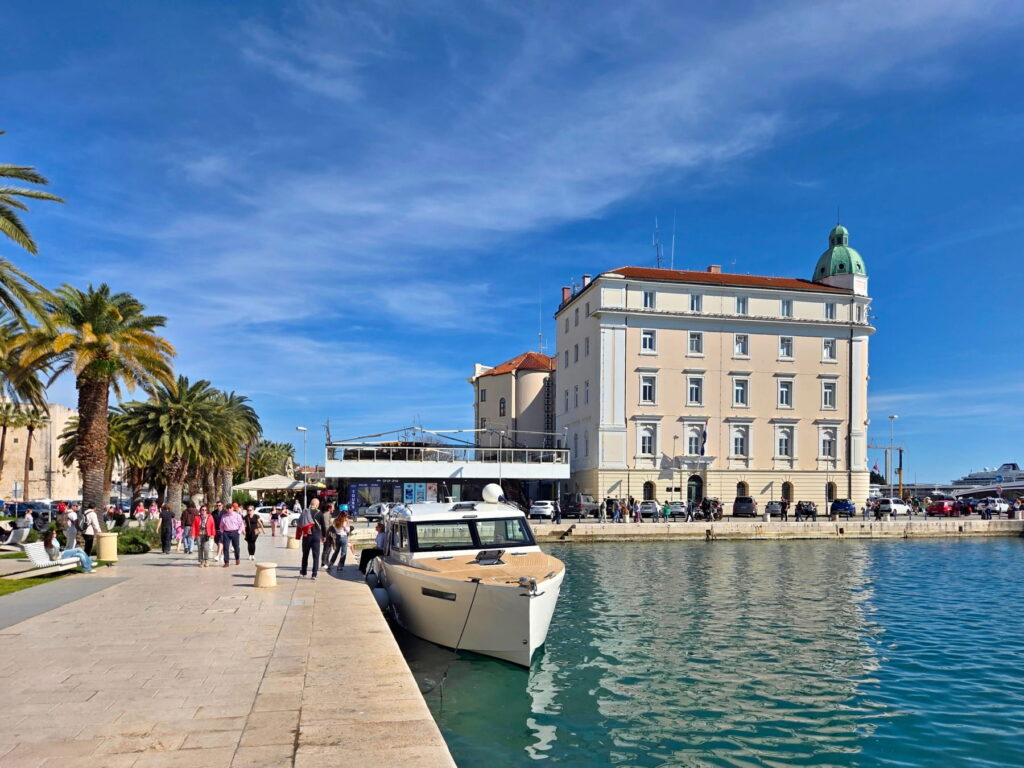 Boat moored at the waterfront promenade in Split harbor, Croatia.