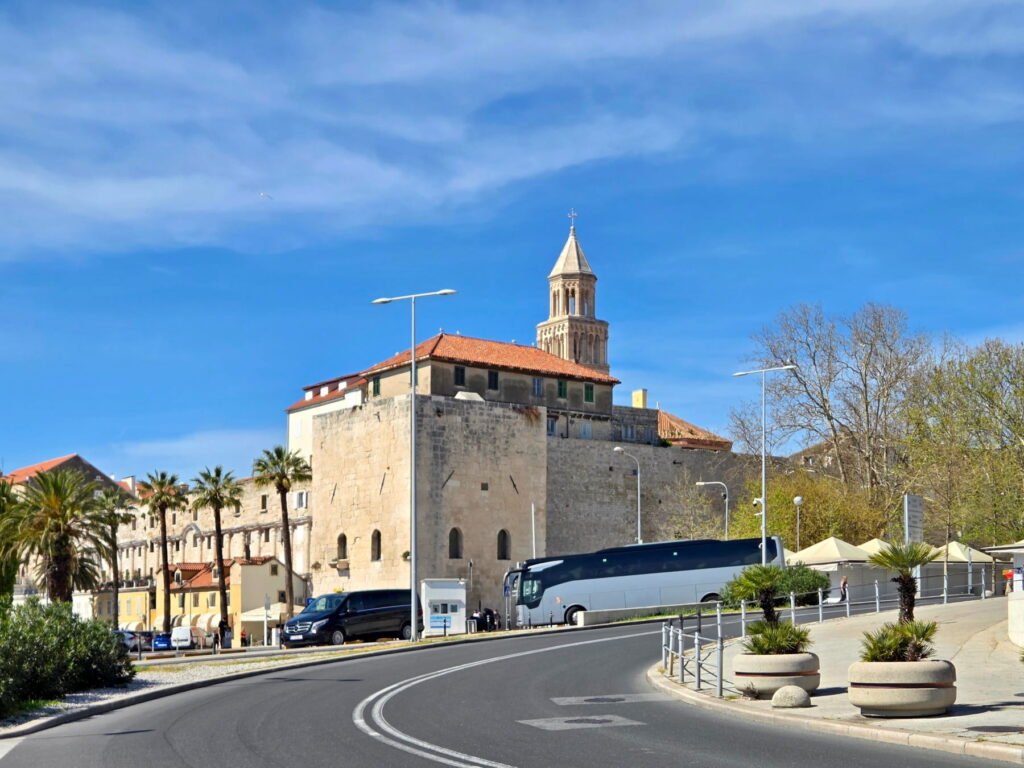 Historic stone walls and bell tower near Split Old Town, Croatia.