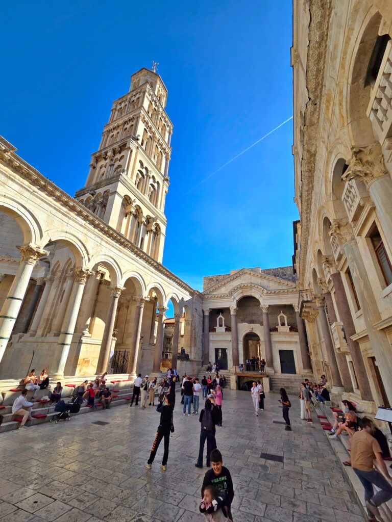 Peristyle courtyard and bell tower inside Diocletian’s Palace in Split, Croatia.