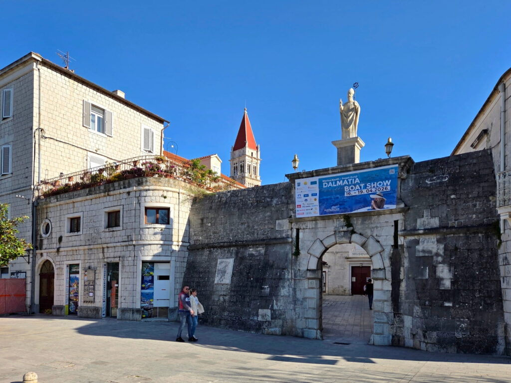 Historic city gate and bell tower in Trogir, Croatia