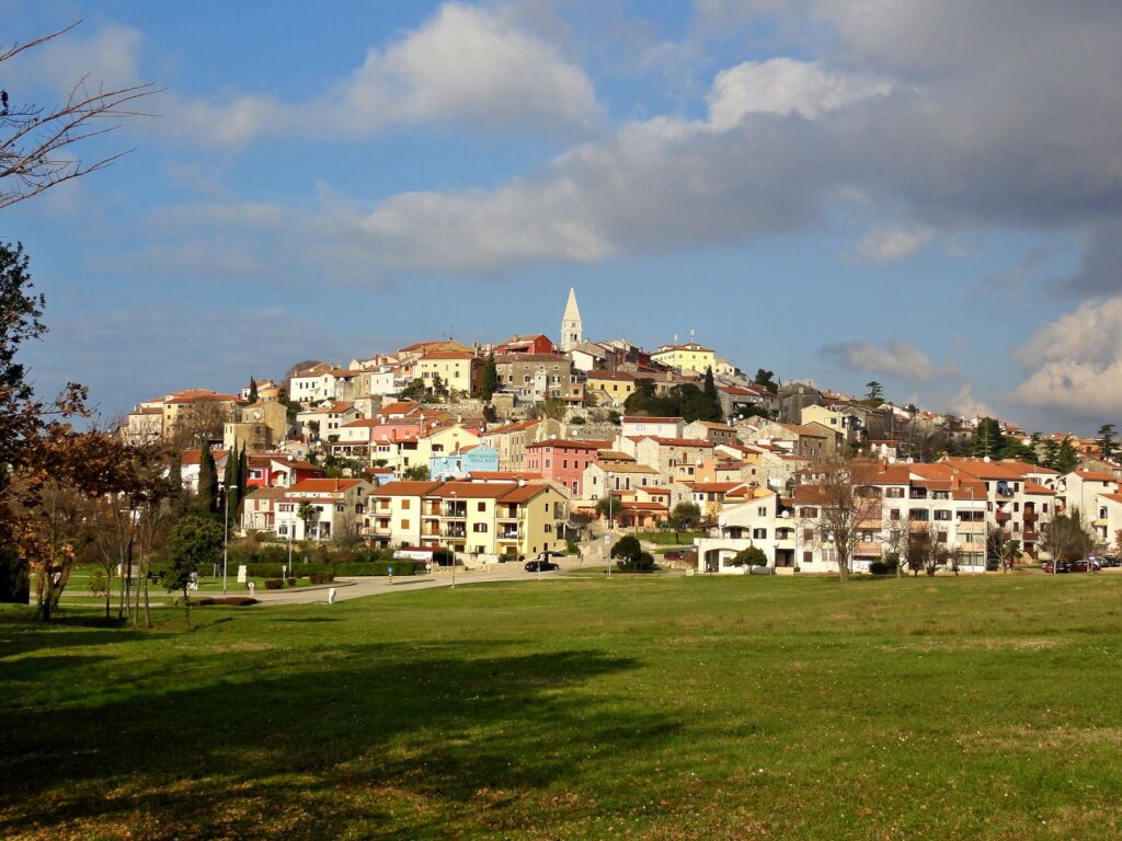 Panoramic view of Vrsar old town on a hill above the Adriatic coast in Croatia
