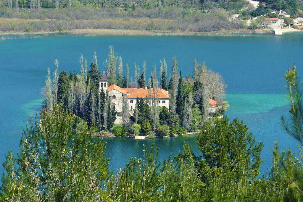 Visovac Monastery on a small island in Visovac Lake, Croatia