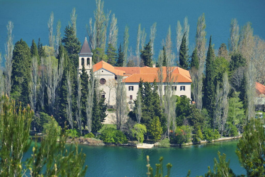 Close-up of Visovac Monastery and church on Visovac Island, Croatia