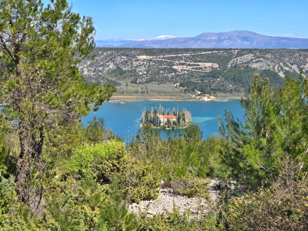 Scenic landscape view of Visovac Monastery and Krka National Park, Croatia