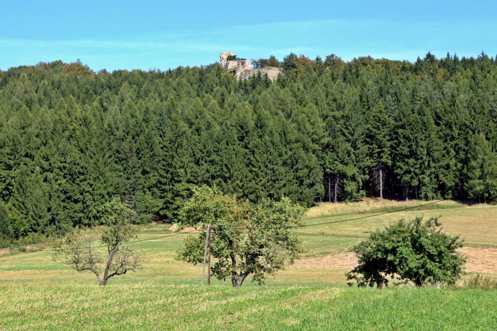 Distant view of Zubštejn Castle above forests in the Czech Republic
