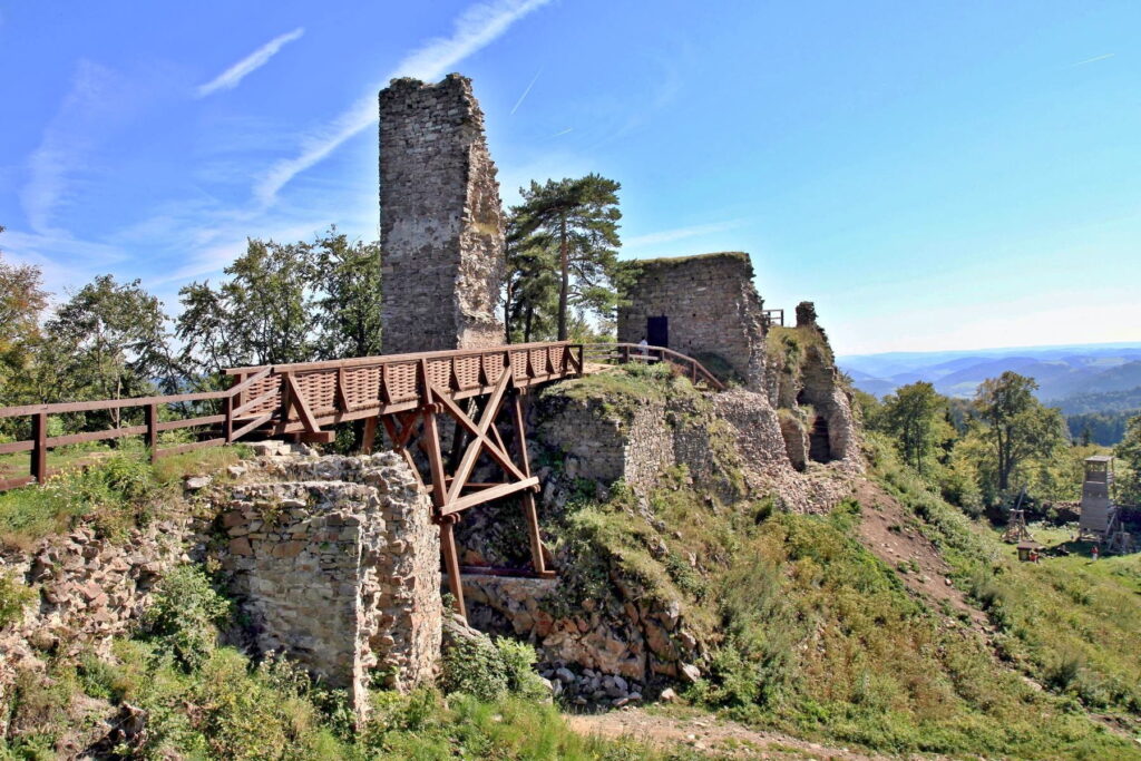 Stone tower and bridge at Zubštejn Castle ruins in Czechia