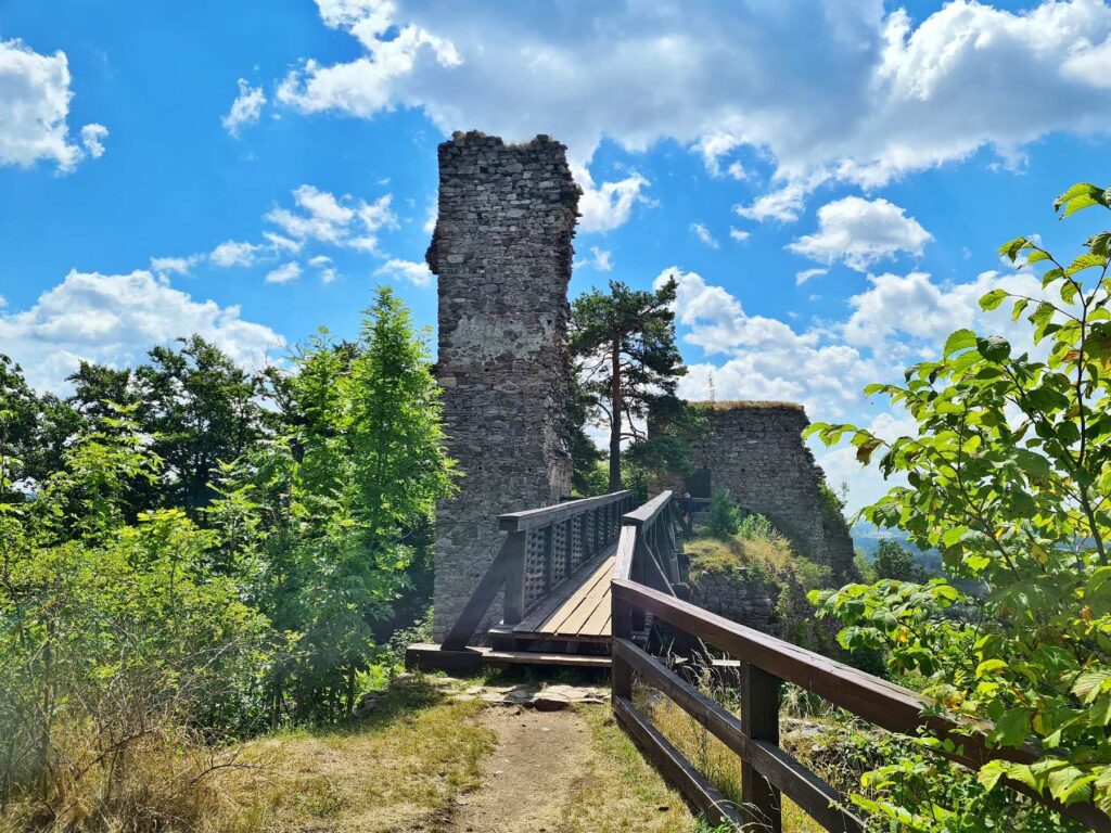 Wooden footbridge leading to Zubštejn Castle tower in the Czech Republic
