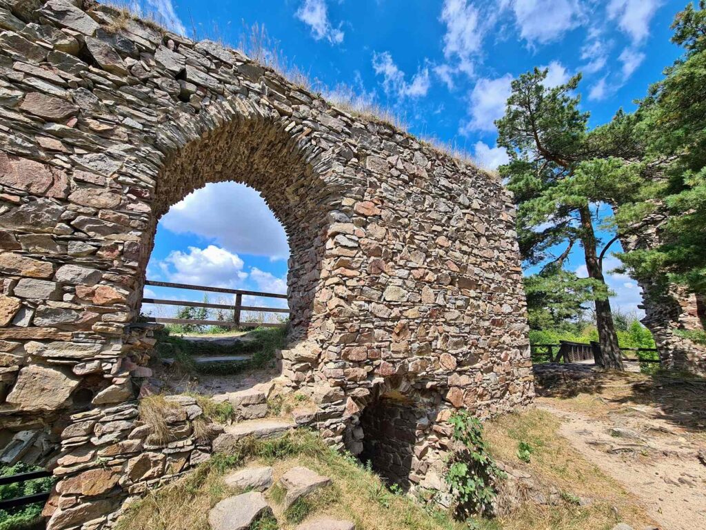 Stone archway inside Zubštejn Castle ruins in the Czech Republic