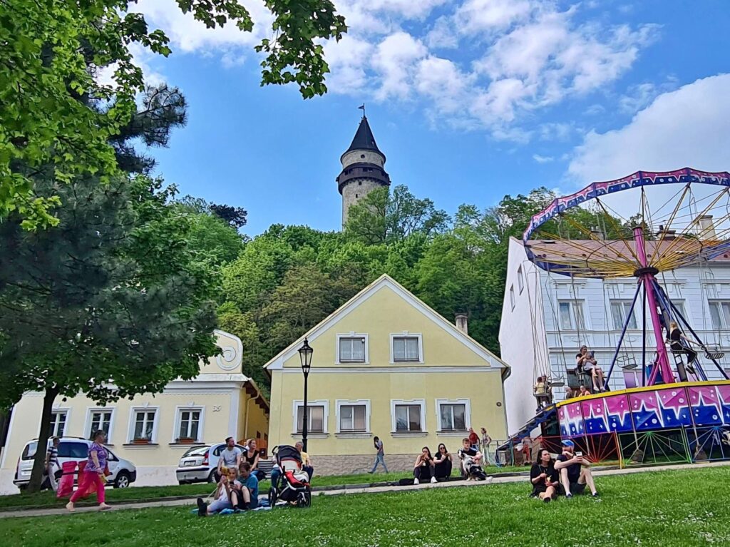 Trúba Tower above the park and fairground in Štramberk, Czech Republic
