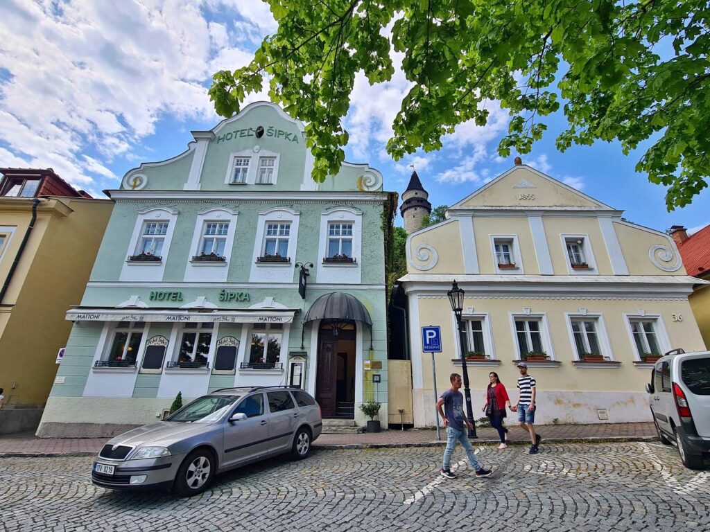 Historic Hotel Šipka and Trúba Tower in the center of Štramberk, Czech Republic