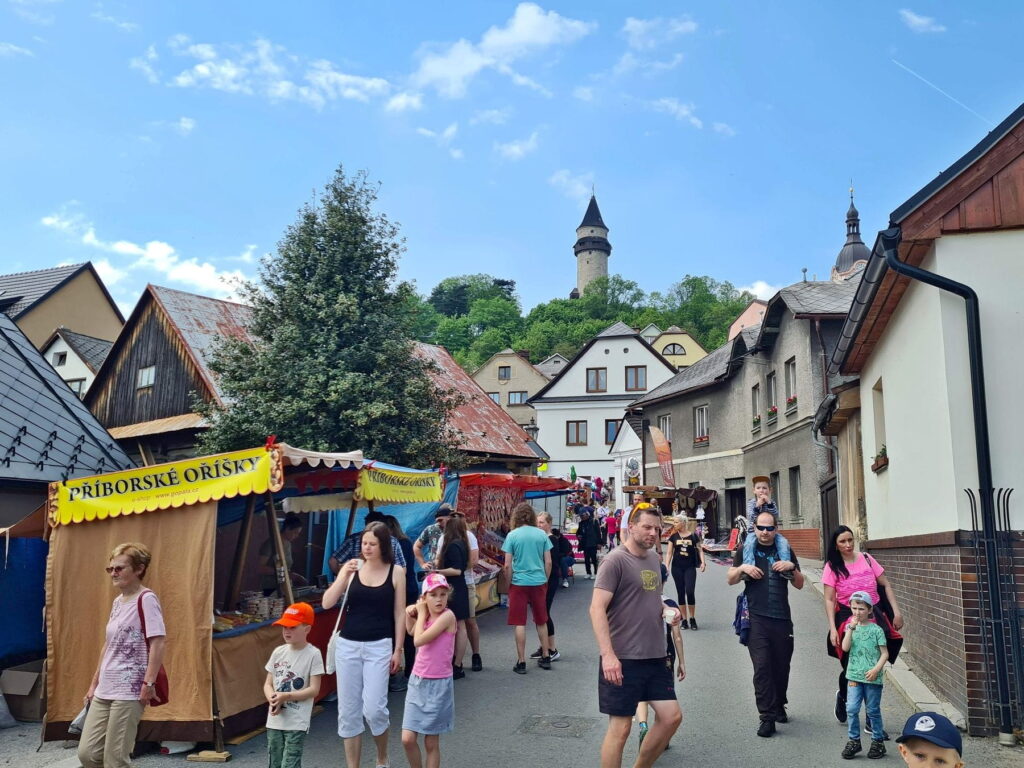 Market street with Trúba Tower in Štramberk, Czech Republic