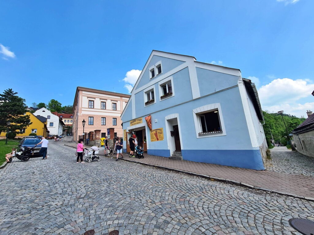 Cobblestone street and pastel houses in Štramberk, Czech Republic