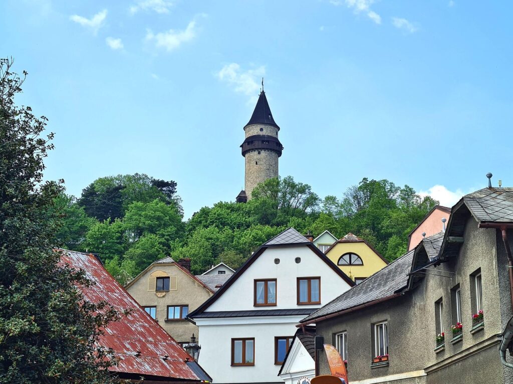 Trúba Tower above rooftops in Štramberk, Czech Republic