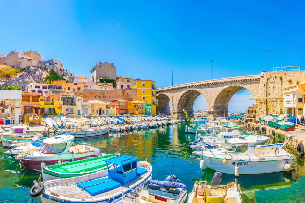Colorful fishing boats and Vallon des Auffes harbor in Marseille, France