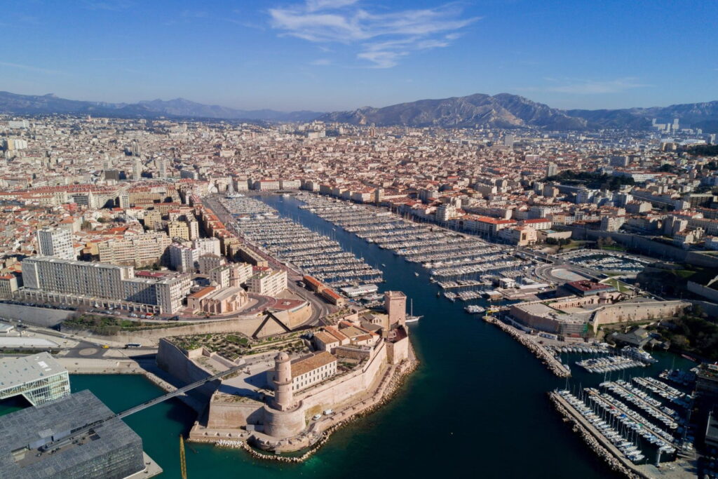 Aerial panorama of Marseille marina and city center in France