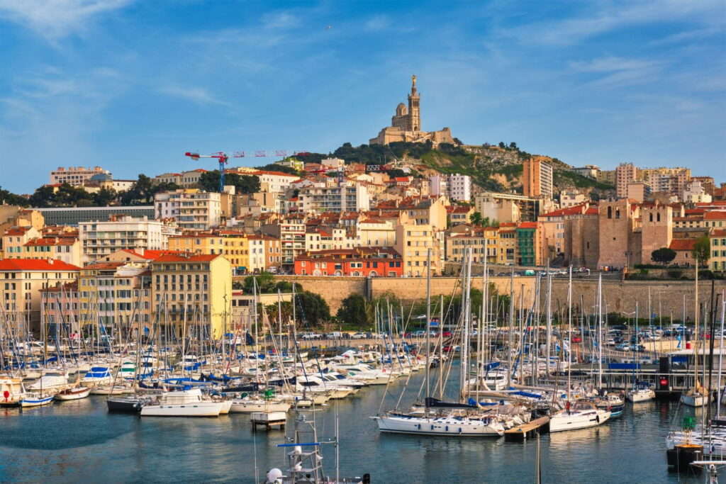 Marseille marina with Notre-Dame de la Garde basilica in France