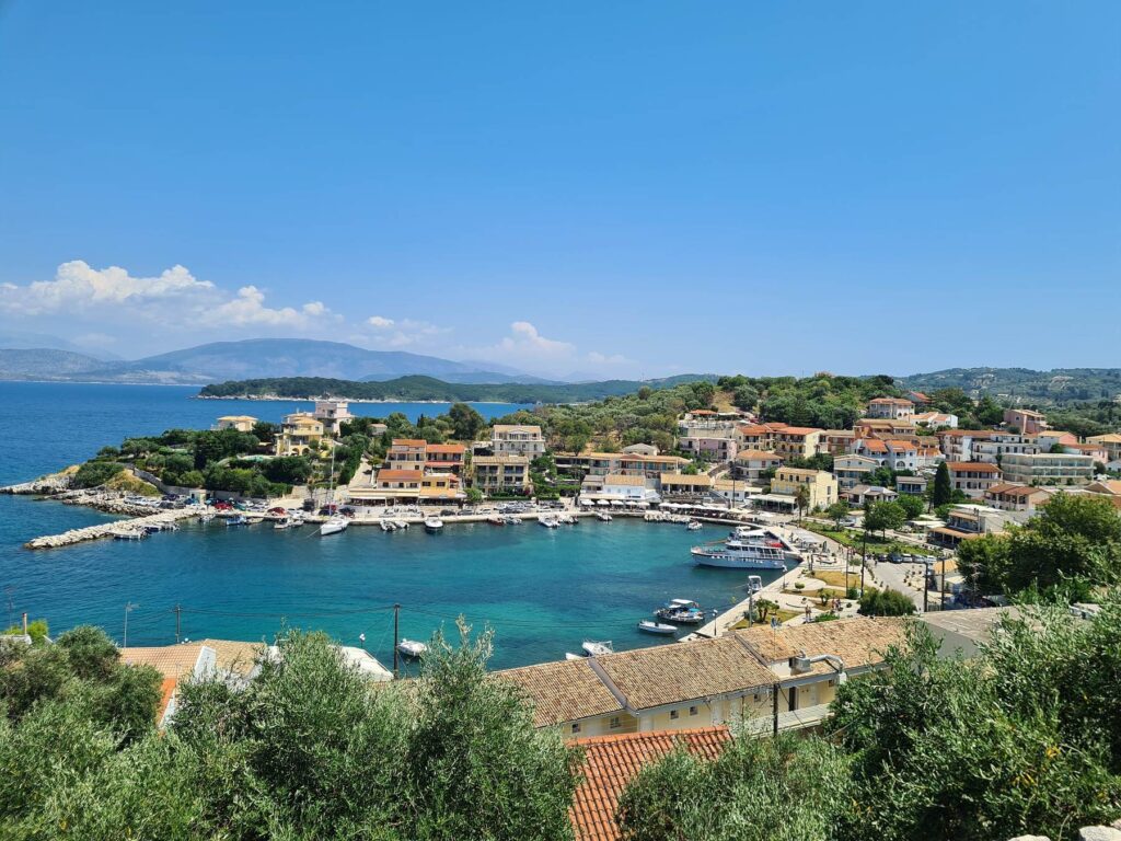 Panoramic view of Kassiopi Bay and coastline in Corfu, Greece