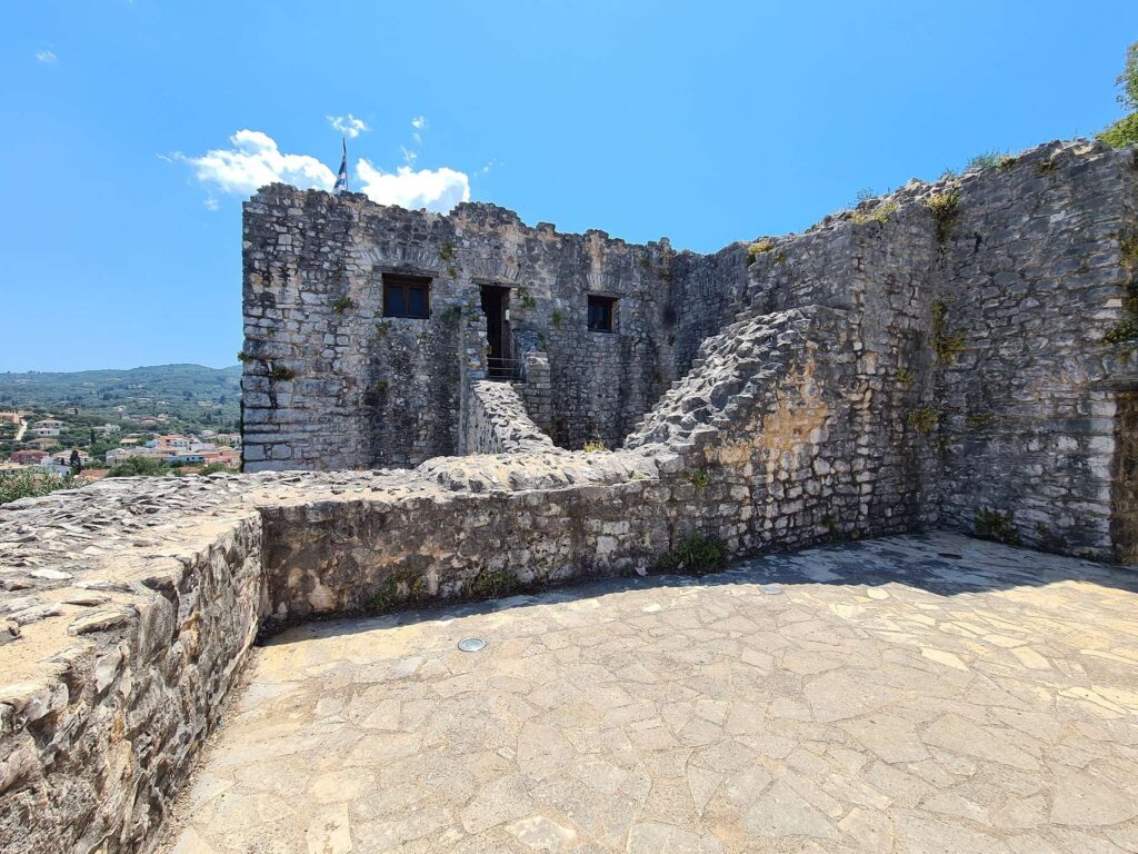 Stone walls and courtyard inside Kassiopi Castle in Corfu, Greece