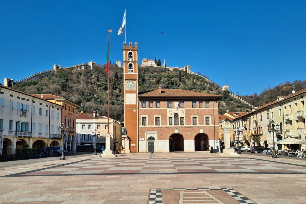 Piazza degli Scacchi with castle walls in Marostica, Veneto, Italy