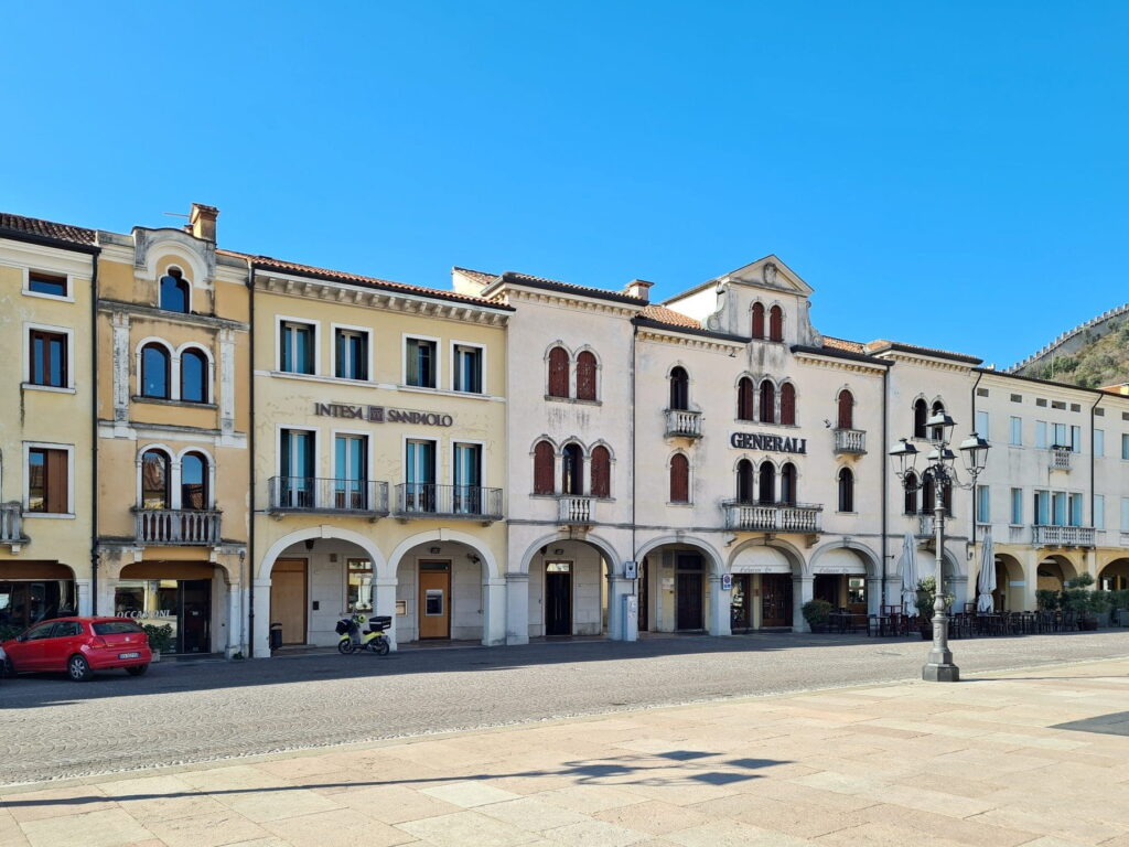 Historic arcaded buildings on Piazza degli Scacchi in Marostica, Italy