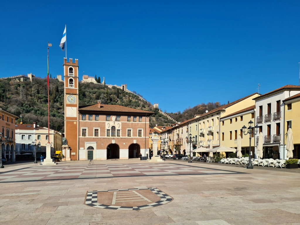 Piazza degli Scacchi and castle walls in Marostica, Italy