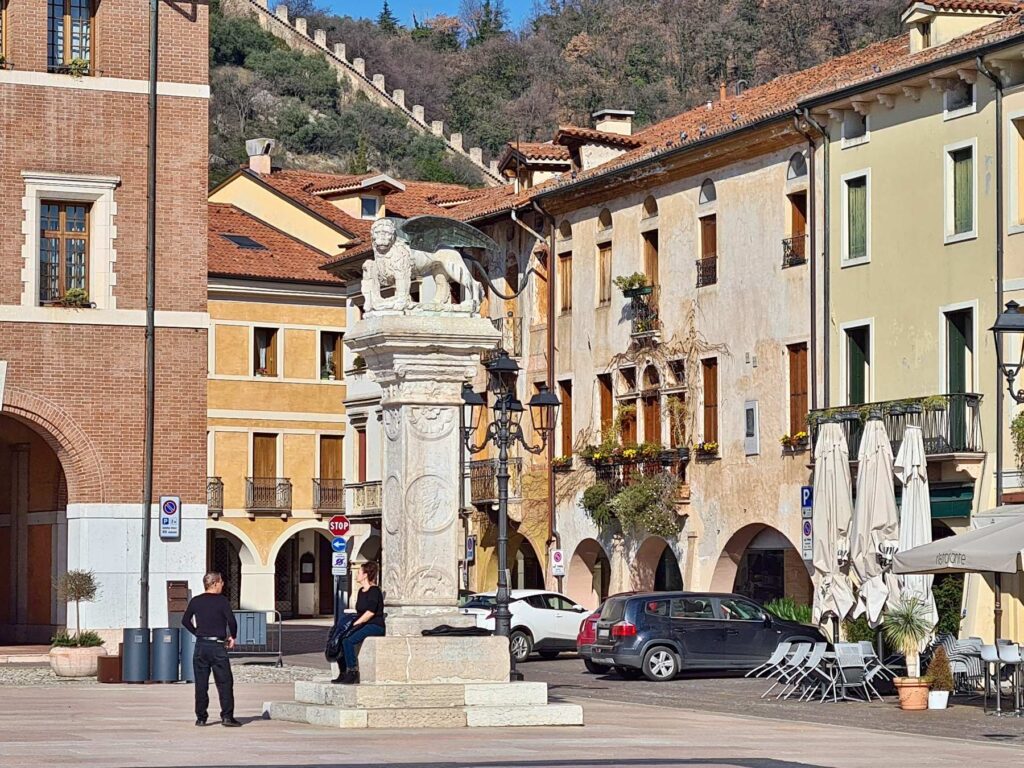 Stone lion monument in Piazza degli Scacchi, Marostica, Italy