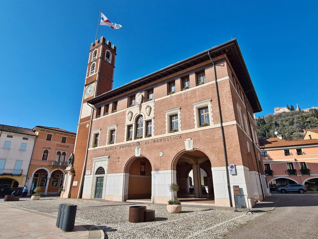 Clock tower and historic building in Marostica, Veneto, Italy
