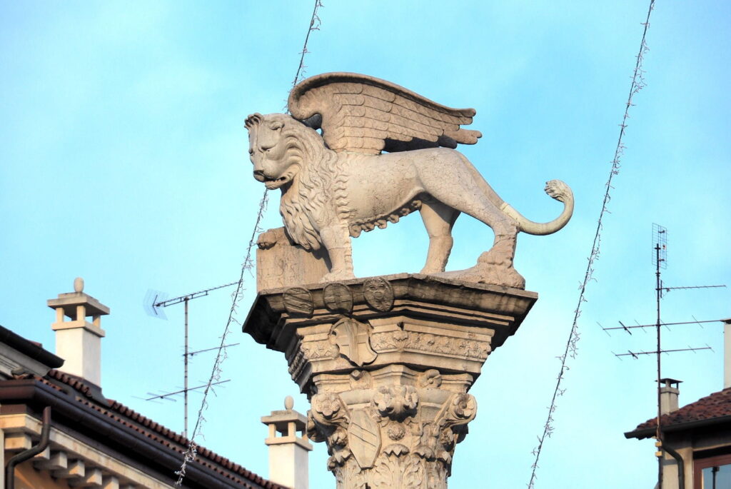 Lion of Saint Mark statue on a column in Vicenza, Italy
