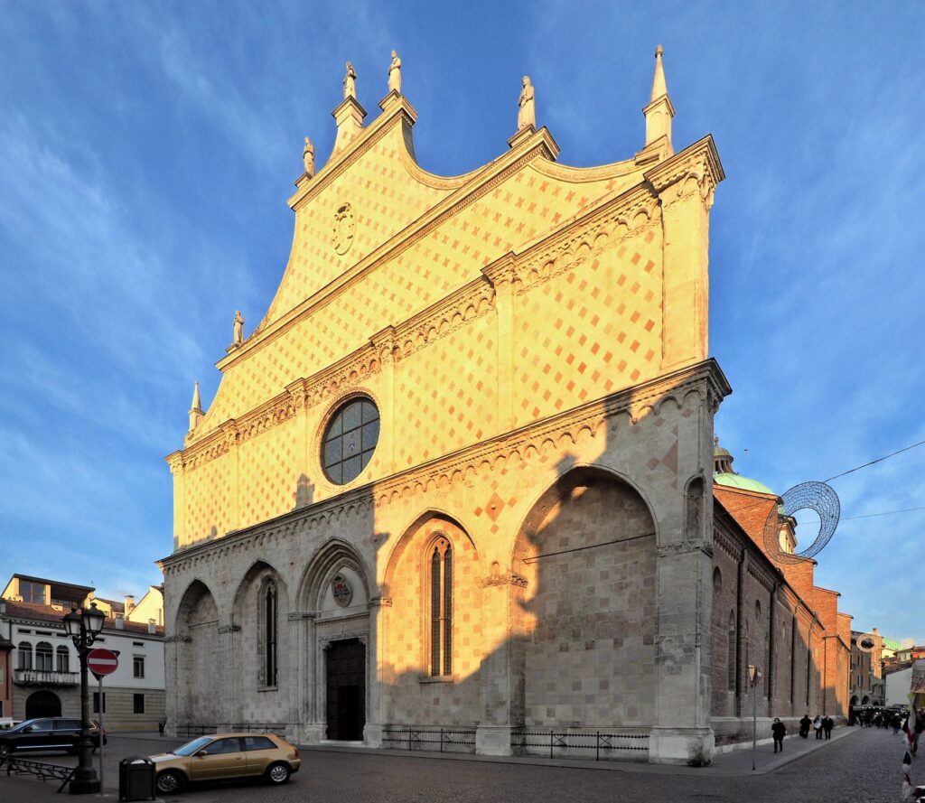 Facade of Chiesa di Santa Corona in Vicenza, Italy at sunset