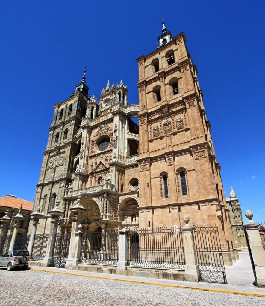 Front facade and towers of Astorga Cathedral in Astorga, Spain.