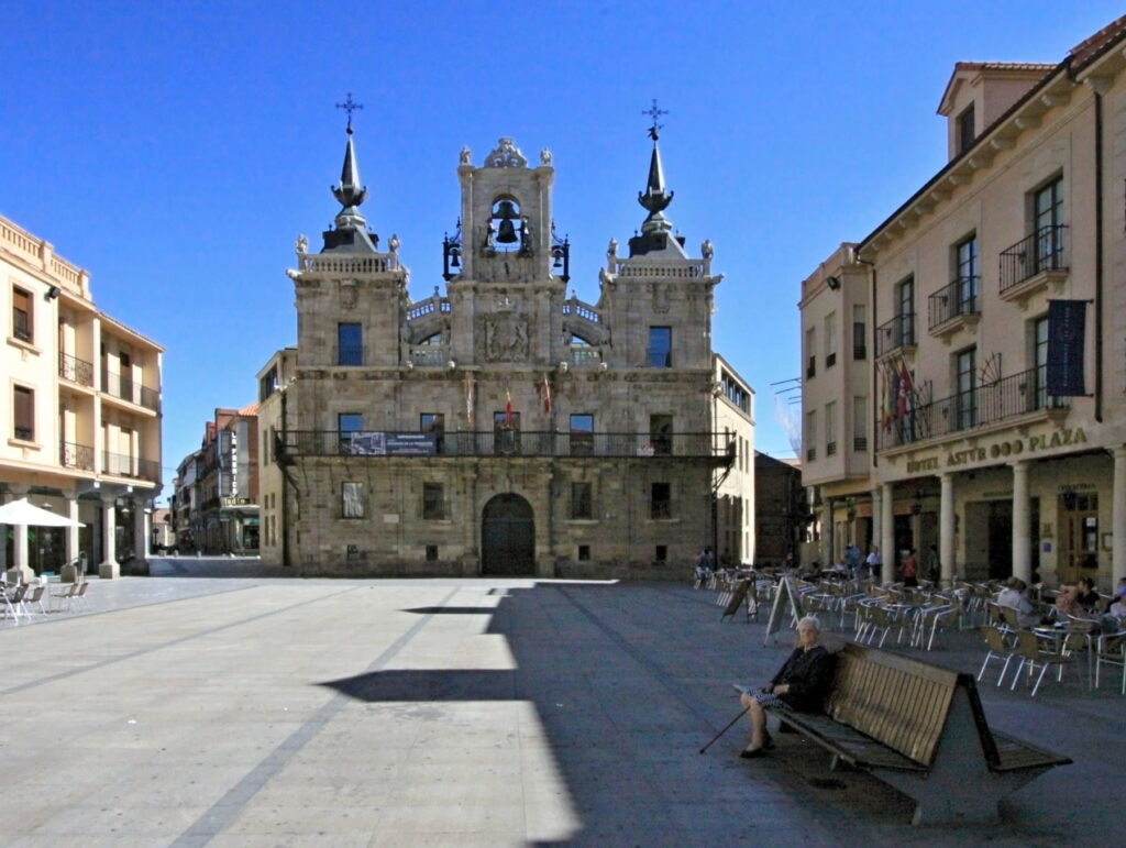 Main square and historic town hall in Astorga, Spain on a sunny day.