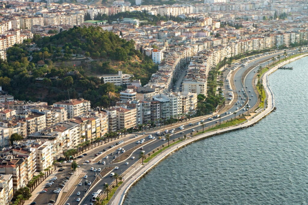 Aerial view of Izmir coastline and waterfront boulevard in Turkey
