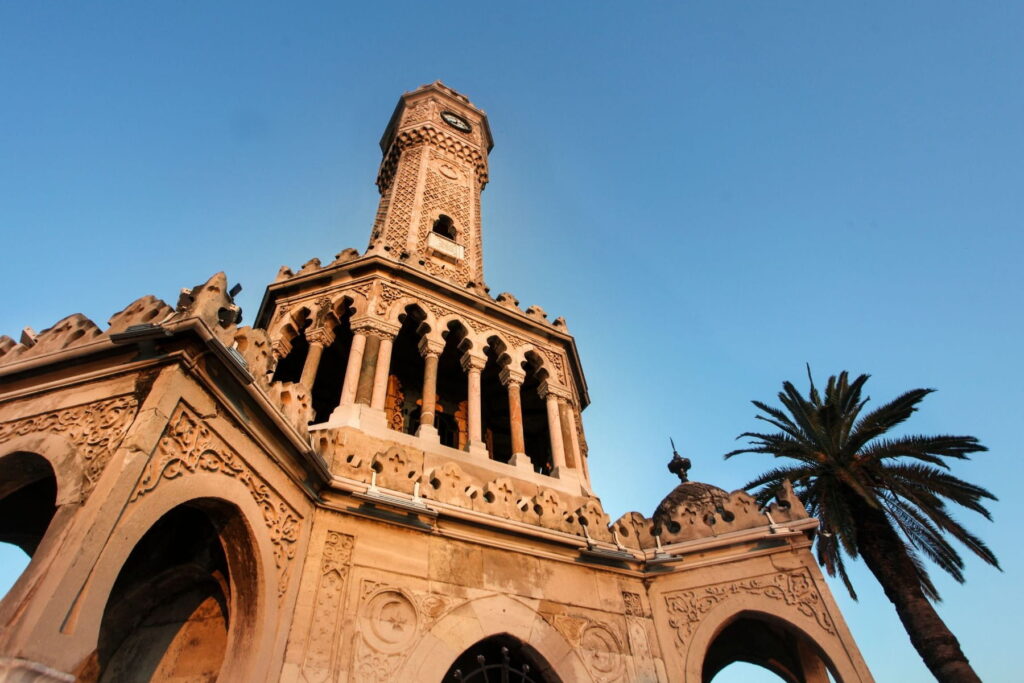 Close-up of Izmir Clock Tower architecture in Konak Square, Turkey