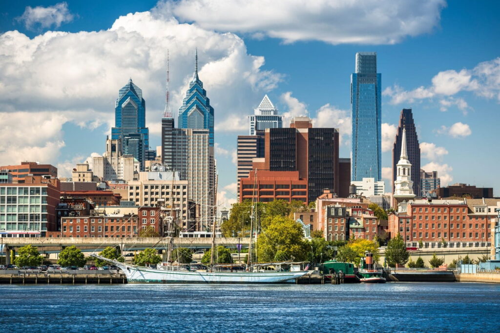 Philadelphia skyline and waterfront along the Delaware River in Pennsylvania, USA