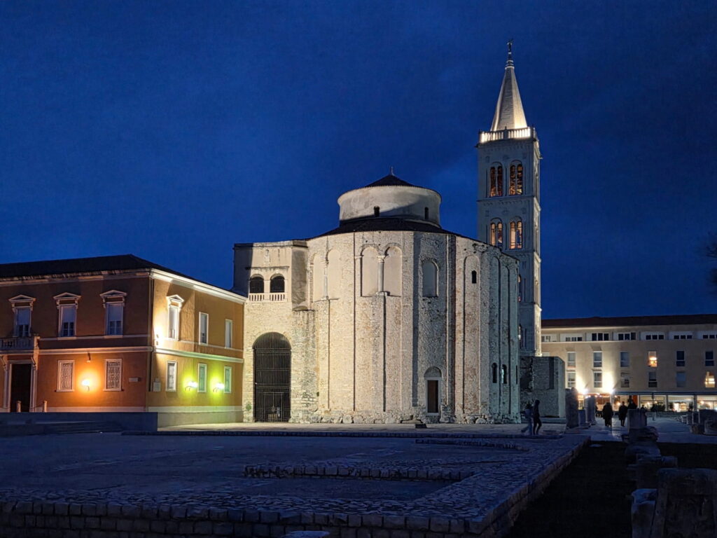 Church of St. Donatus illuminated at night in Zadar, Croatia